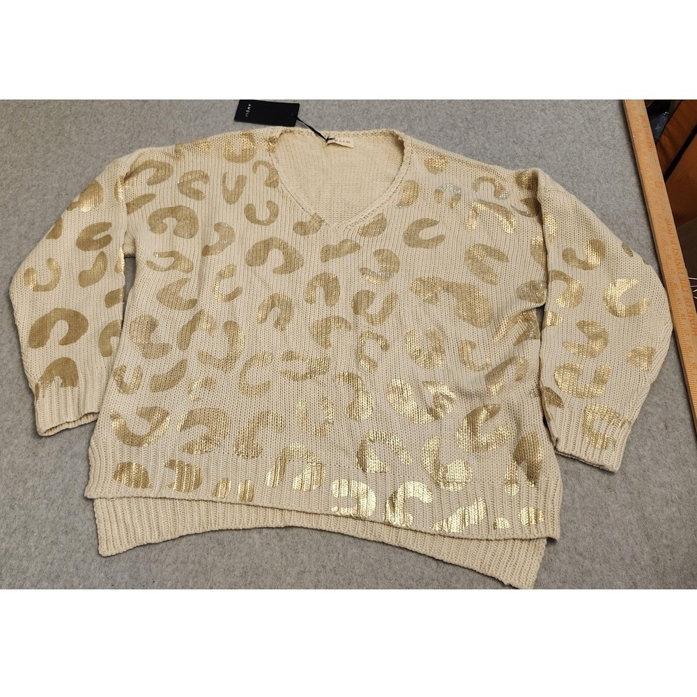 AMOLI Sweater Womens M/L Cream Gold Leopard Print V Neck Metallic Pullover